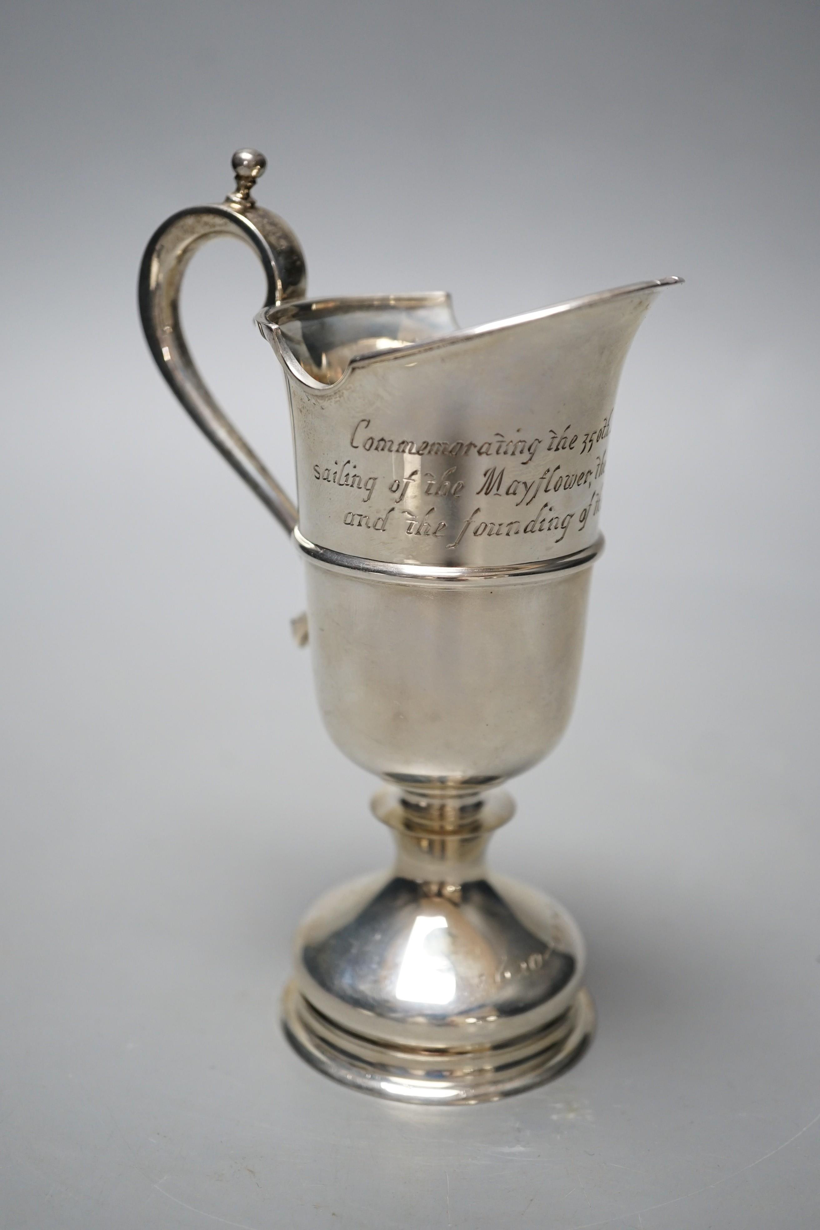 A modern limited edition silver cream jug, commemorating the 350th Anniversary of the sailing of the Mayflower, P Ltd, London, 1969, 14.5cm, 7.2oz.